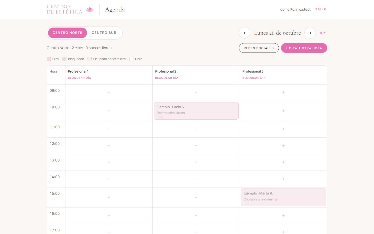 Agenda interna con las citas de cada profesional (datos de ejemplo)